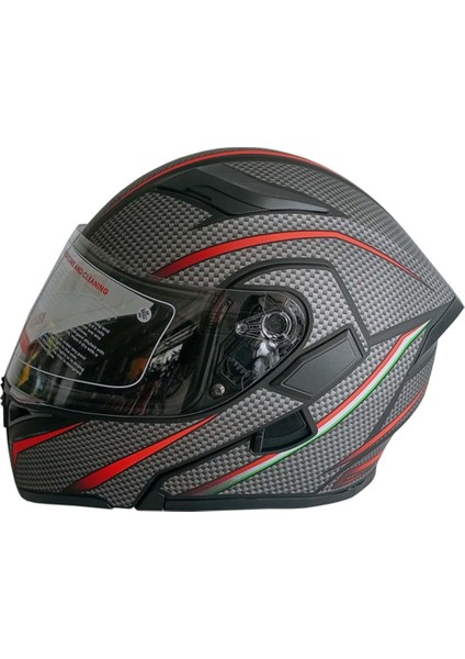 Jk-21 902 Model Güneş Vizörlü Çenededen Açılır Kask - Gri-Kırmızı Karbon Desenli - Xxl