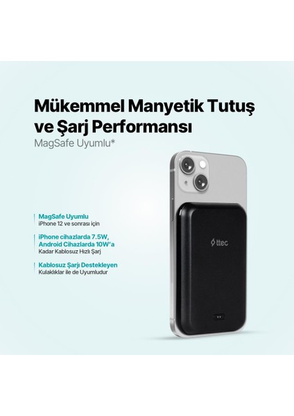 Recharger M 5.000MAH Magsafe Uyumlu Şık ve Kompakt Kablosuz Taşınabilir Şarj Aleti / Powerbank