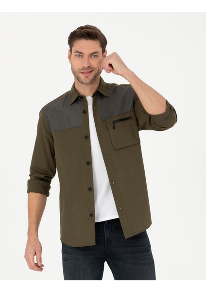 Erkek Haki Comfort Fit Uzun Kollu Gömlek 50274659-VR027