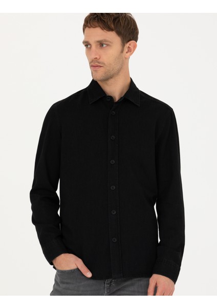 Erkek Siyah Regular Fit Uzun Kollu Gömlek 50274658-VR046