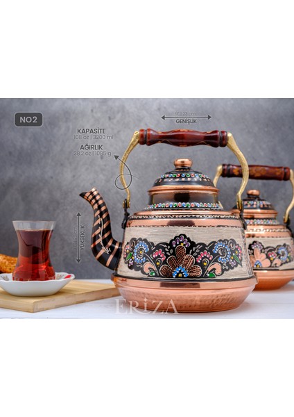 1,6 Litre El Işlemeli Nostaljik Tekli Kalaylı Dövme Bakır Demlik, Çaydanlık, Su Isıtıcısı