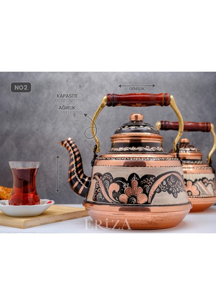 1,6 Litre El Işlemeli Nostaljik Tekli Kalaylı Dövme Bakır Demlik, Çaydanlık, Su Isıtıcısı