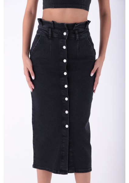 Önü Düğmeli ve Pileli Cepli Astarsız Kadın Midi Kot Etek Normal Antrasit Denim Dört Mevsim