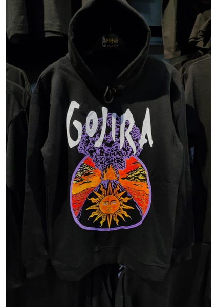 Siyah Gojira Baskılı Unisex Geniş Kalıp Kapüşonlu Içi Polar Sweatshirt