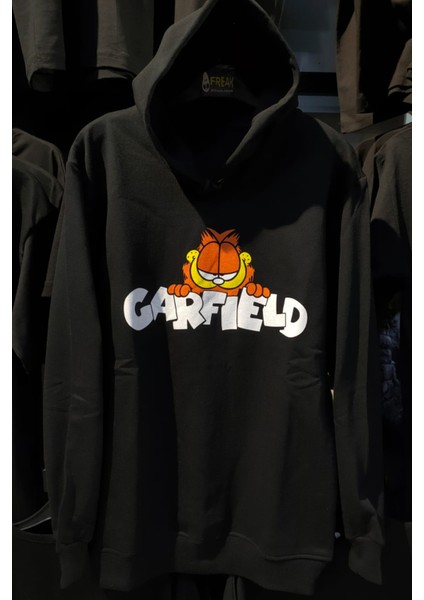 Red Box Butik Siyah Garfield Baskılı Unisex Geniş Kalıp Kapüşonlu Içi Polar Sweatshirt