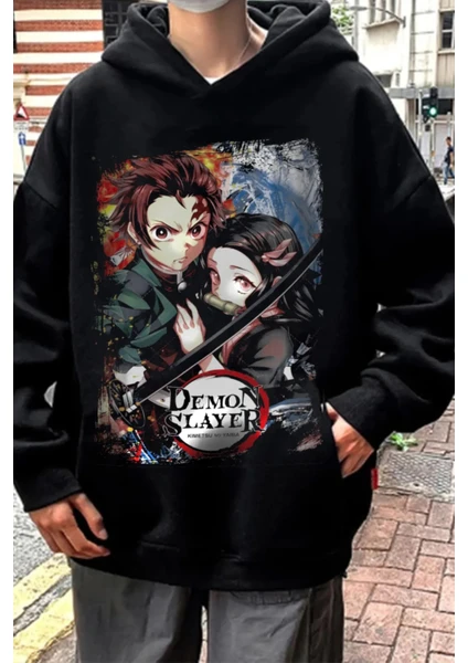 Red Box Butik Siyah Demon Slayer Baskılı Unisex Geniş Kalıp Kapüşonlu Içi Polar Sweatshirt