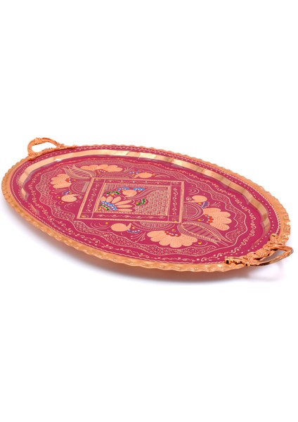 23X34 cm Oval, Işlemeli, Pirinç Saplı Kalın Bakır Çay ve Kahve Sunum, Servis Tepsisi