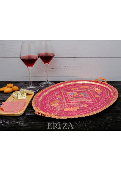 23X34 cm Oval, Işlemeli, Pirinç Saplı Kalın Bakır Çay ve Kahve Sunum, Servis Tepsisi fiyatları