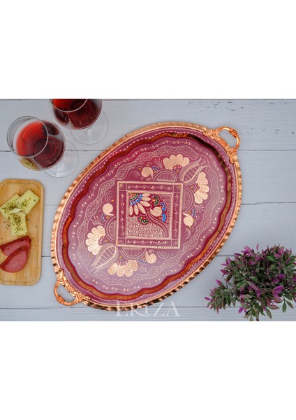 23X34 cm Oval, Işlemeli, Pirinç Saplı Kalın Bakır Çay ve Kahve Sunum, Servis Tepsisi modelleri