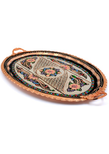 23X34 cm Oval, Işlemeli, Pirinç Saplı Kalın Bakır Çay ve Kahve Sunum, Servis Tepsisi