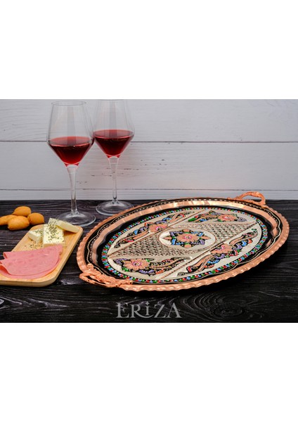 23X34 cm Oval, Işlemeli, Pirinç Saplı Kalın Bakır Çay ve Kahve Sunum, Servis Tepsisi fiyatları