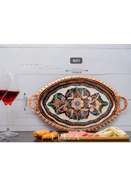 23X34 cm Oval, Işlemeli, Pirinç Saplı Kalın Bakır Çay ve Kahve Sunum, Servis Tepsisi fırsatları