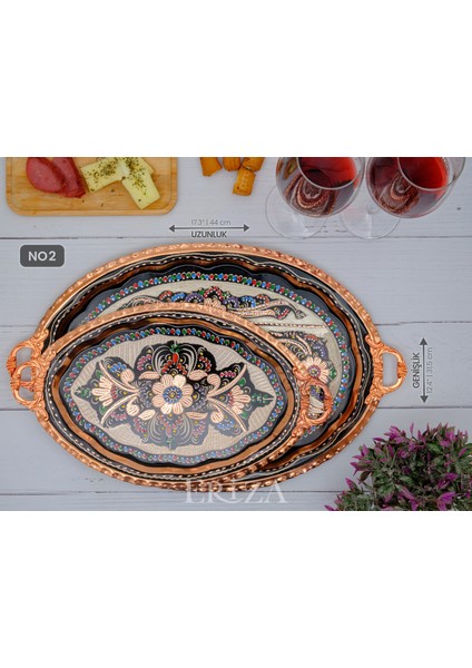 23X34 cm Oval, Işlemeli, Pirinç Saplı Kalın Bakır Çay ve Kahve Sunum, Servis Tepsisi indirimleri