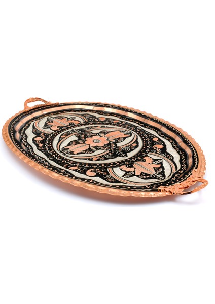 23X34 cm Oval, Işlemeli, Pirinç Saplı Kalın Bakır Çay ve Kahve Sunum, Servis Tepsisi