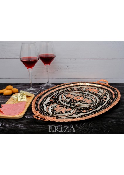 23X34 cm Oval, Işlemeli, Pirinç Saplı Kalın Bakır Çay ve Kahve Sunum, Servis Tepsisi