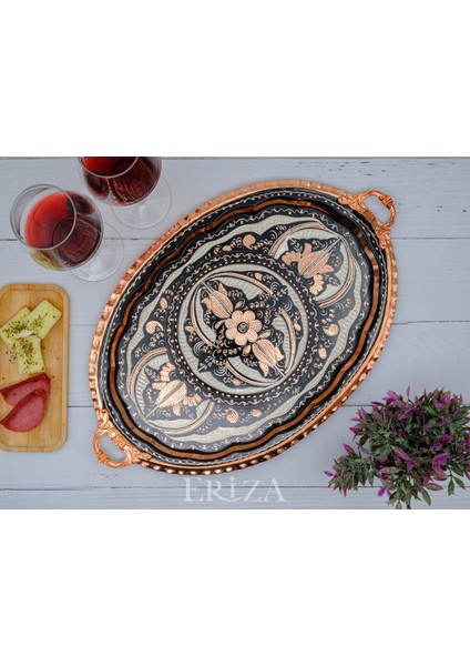 23X34 cm Oval, Işlemeli, Pirinç Saplı Kalın Bakır Çay ve Kahve Sunum, Servis Tepsisi
