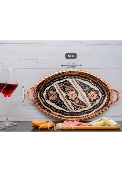 23X34 cm Oval, Işlemeli, Pirinç Saplı Kalın Bakır Çay ve Kahve Sunum, Servis Tepsisi