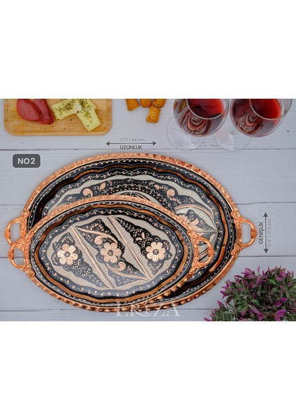 23X34 cm Oval, Işlemeli, Pirinç Saplı Kalın Bakır Çay ve Kahve Sunum, Servis Tepsisi
