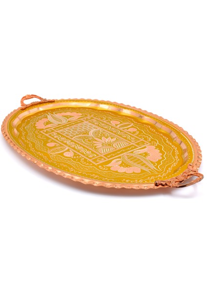 23X34 cm Oval, Işlemeli, Pirinç Saplı Kalın Bakır Çay ve Kahve Sunum, Servis Tepsisi