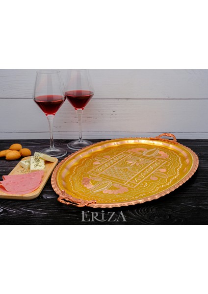 23X34 cm Oval, Işlemeli, Pirinç Saplı Kalın Bakır Çay ve Kahve Sunum, Servis Tepsisi fiyatları