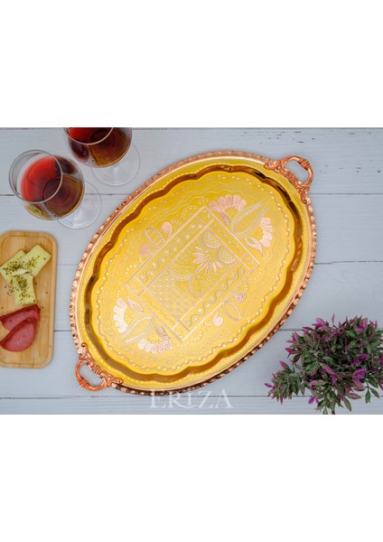 23X34 cm Oval, Işlemeli, Pirinç Saplı Kalın Bakır Çay ve Kahve Sunum, Servis Tepsisi modelleri