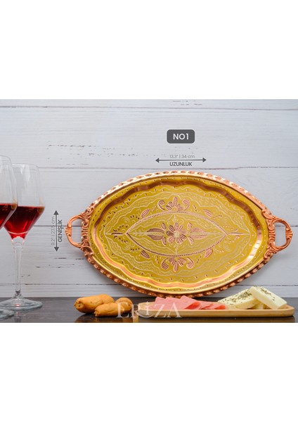 23X34 cm Oval, Işlemeli, Pirinç Saplı Kalın Bakır Çay ve Kahve Sunum, Servis Tepsisi fırsatları