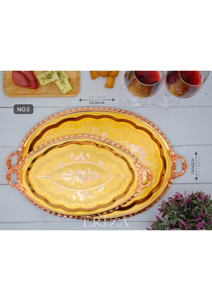 23X34 cm Oval, Işlemeli, Pirinç Saplı Kalın Bakır Çay ve Kahve Sunum, Servis Tepsisi indirimleri