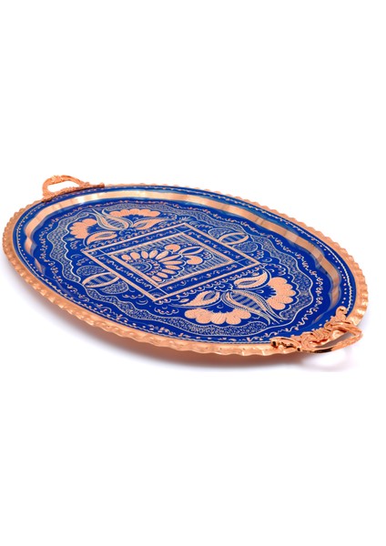 23X34 cm Oval, Işlemeli, Pirinç Saplı Kalın Bakır Çay ve Kahve Sunum, Servis Tepsisi