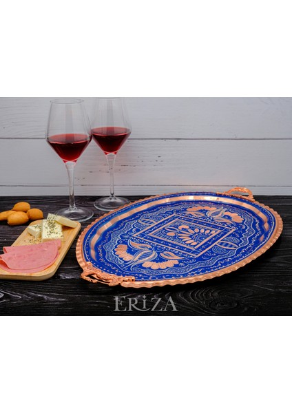 23X34 cm Oval, Işlemeli, Pirinç Saplı Kalın Bakır Çay ve Kahve Sunum, Servis Tepsisi fiyatları