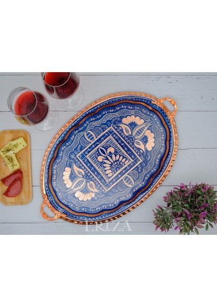 23X34 cm Oval, Işlemeli, Pirinç Saplı Kalın Bakır Çay ve Kahve Sunum, Servis Tepsisi modelleri