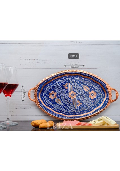 23X34 cm Oval, Işlemeli, Pirinç Saplı Kalın Bakır Çay ve Kahve Sunum, Servis Tepsisi fırsatları