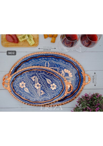 23X34 cm Oval, Işlemeli, Pirinç Saplı Kalın Bakır Çay ve Kahve Sunum, Servis Tepsisi indirimleri