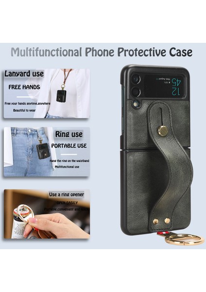 Samsung Galaxy Z Flip 3 5g Kılıf Ayarlanabilir Bileklik Kickstand Döngü Pu Deri Bilek Kayışı (Yurt Dışından)