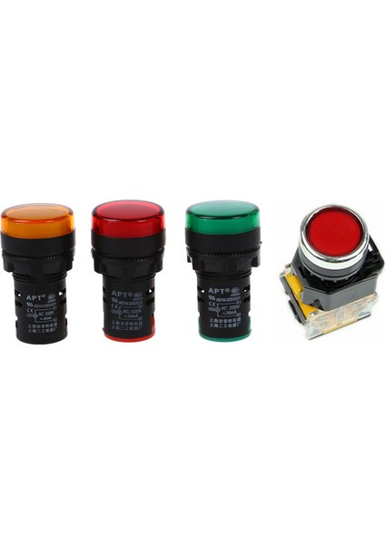 4 Adet Aksesuar: 3 Adet Kırmızı, Sarı-Yeşil Işıklı Lamba 22 mm & 1 Adet LA38-11/203 Buton Anlık Anahtar (Yurt Dışından)