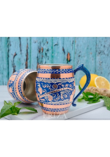 50 cc Işlemeli Kalaylı Kalın Bakır Bira Kokteyl Ayran Bardağı, Kadehi, 2'li Set