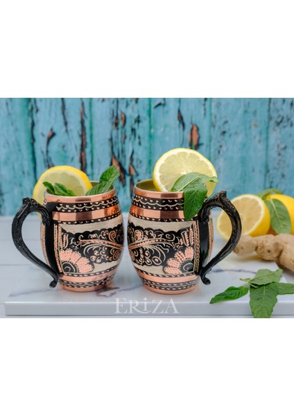 50 cc Işlemeli Kalaylı Kalın Bakır Bira Kokteyl Ayran Bardağı, Kadehi, 2'li Set