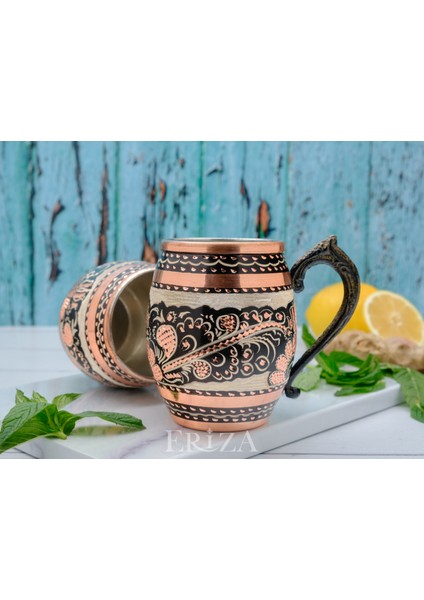 50 cc Işlemeli Kalaylı Kalın Bakır Bira Kokteyl Ayran Bardağı, Kadehi, 2'li Set