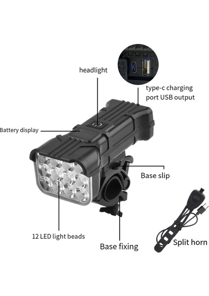 12 LED Bisiklet Işık Bisiklet Kornası ile USB Şarj Edilebilir Su Geçirmez Bisiklet Farını, Arka Lamba Olmadan Vurgulayın (Yurt Dışından)