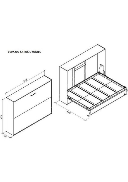 Katlanır Duvar Yatak Mekanizması 160x200 Yatay Açılır Mekanizma Takım