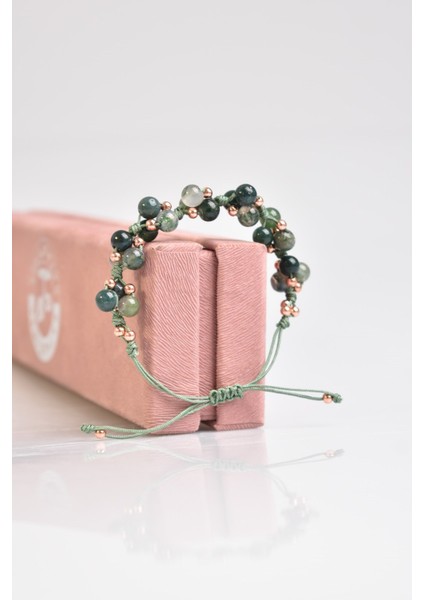 Yosunlu Akik Üçlü Makrome Özel Tasarım Bileklik 6 mm