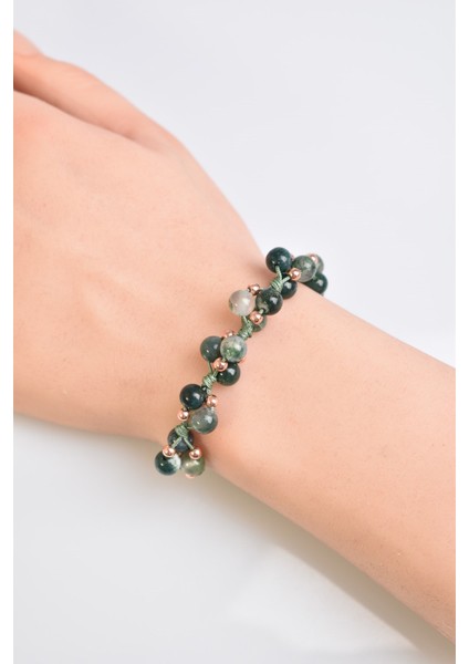 Yosunlu Akik Üçlü Makrome Özel Tasarım Bileklik 6 mm modelleri