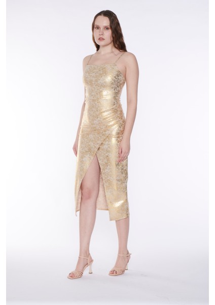 Altın Sarısı Baskılı Önü Yırtmaçlı Elbise fiyatları