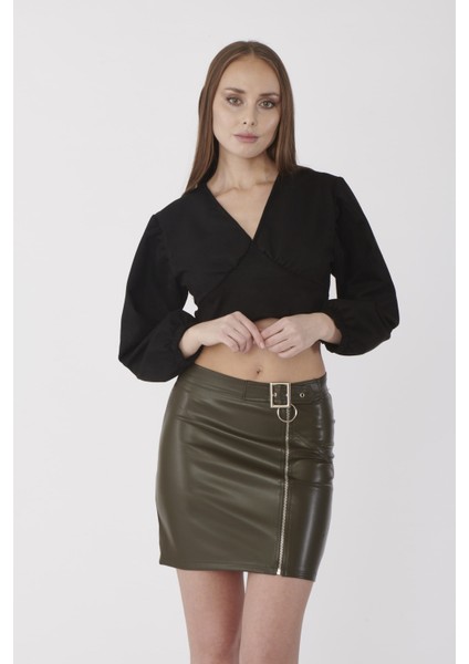 Deri Görünümlü Fermuar Detaylı Mini Etek fiyatları