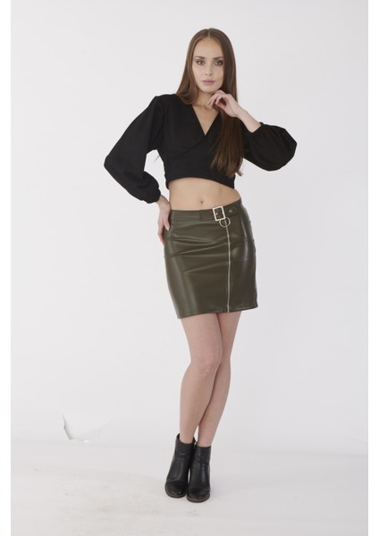 Deri Görünümlü Fermuar Detaylı Mini Etek modelleri