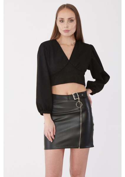 Deri Görünümlü Fermuar Detaylı Mini Etek