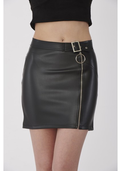 Deri Görünümlü Fermuar Detaylı Mini Etek fiyatları