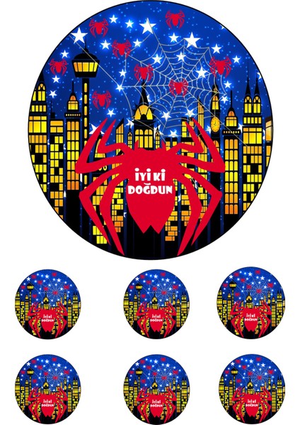 Yenilebilir Pasta Resmi Şehir Örümcek Modeli 6-8-10 Kişilik Pastaya Uygun