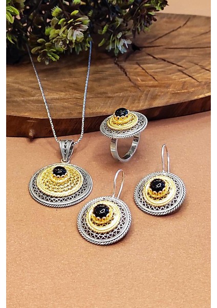 Kadın Telkari Oniks Taşlı Gümüş Set Kolye Küpe Yüzük 925 Ayar AKS-2003