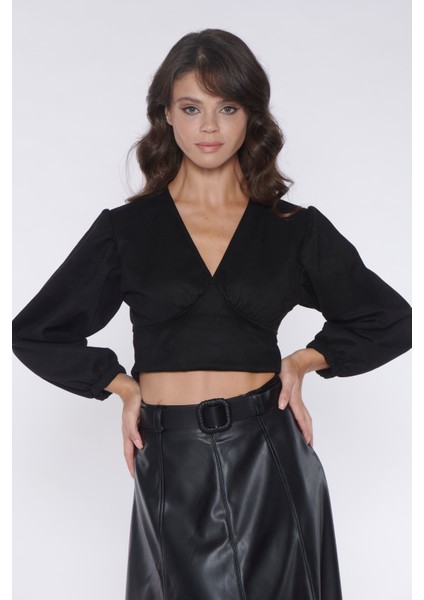Siyah Süet Arkadan Bağcıklı Crop Buluz fiyatları