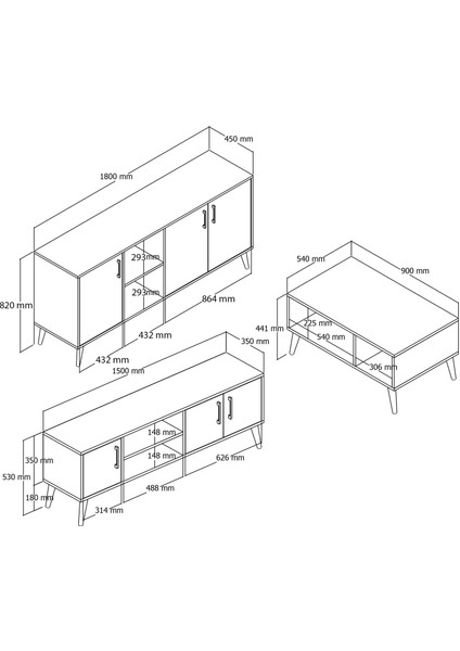 Set 1582-2072-1622 Exxen (Ahşap Ayaklı) Tv Ünitesi Orta Sehpa Konsol Seti Hat